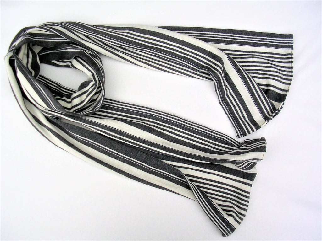 Mid Grey and Cream vertical striped viscose jersey loose hanging unisex Scarf  