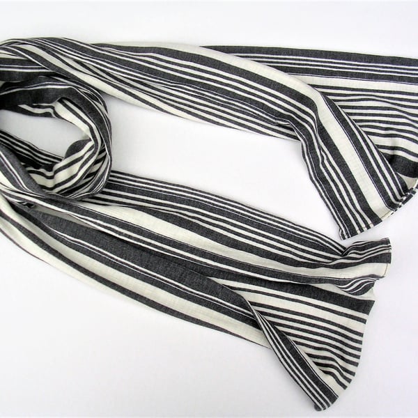 Mid Grey and Cream vertical striped viscose jersey loose hanging unisex Scarf  