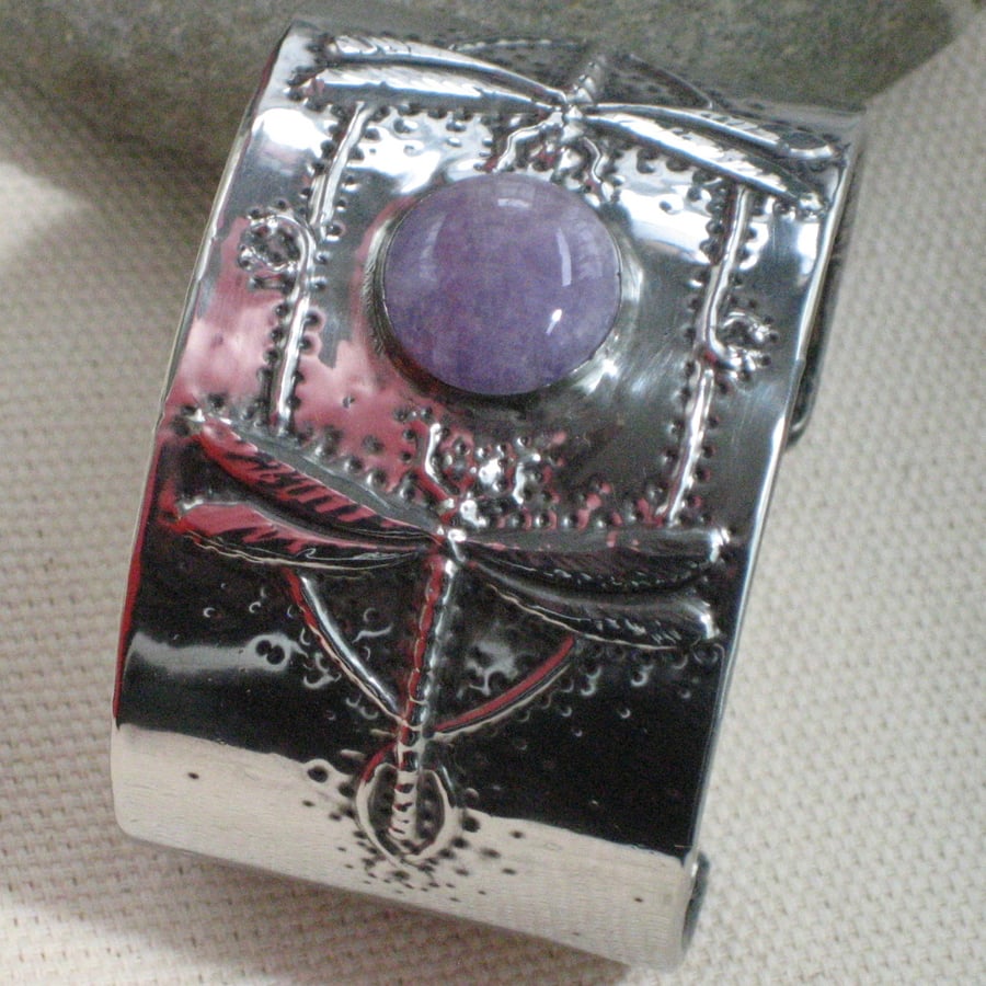 Silver Pewter Dragonfly Cuff Bracelet with Amethyst