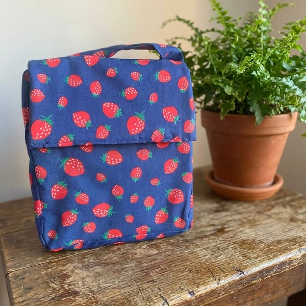 Strawberry on Navy Handmade Insulated Lunch bag 