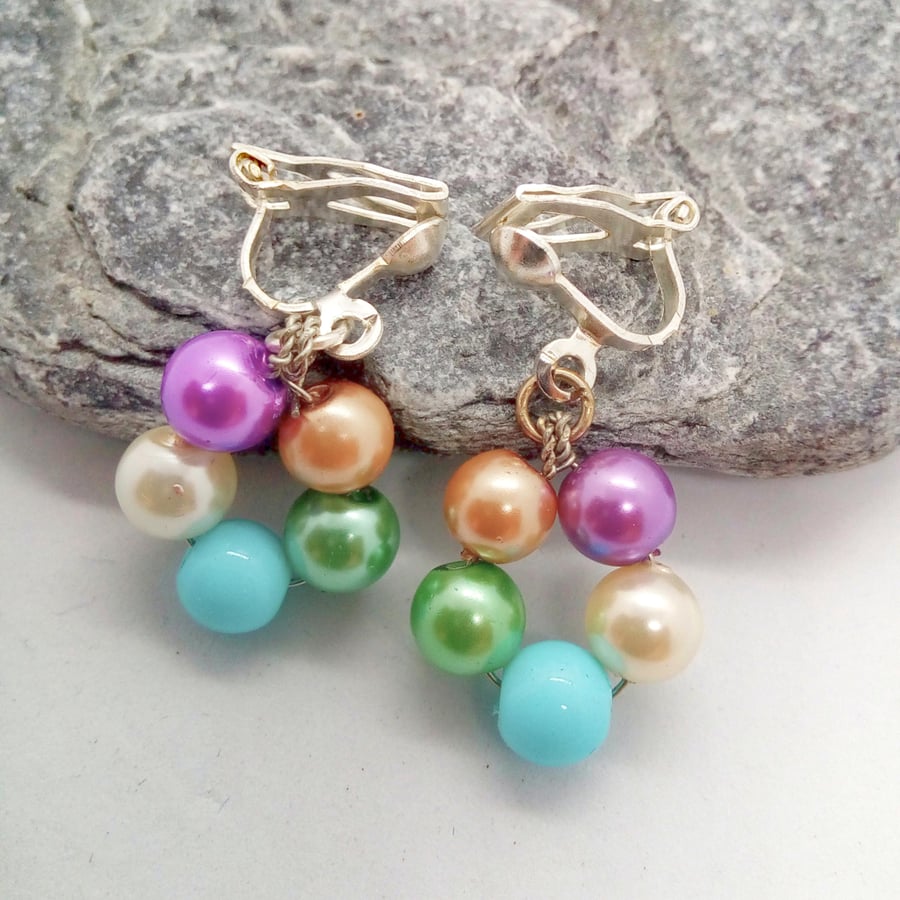 Purple Bronze Green Blue Cream and Purple Pearl Silver Plated Clip On Earrings