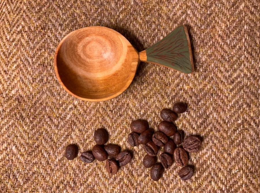 Cherry Wood Scoop with Painted Green Handle with Tree Root Grooves