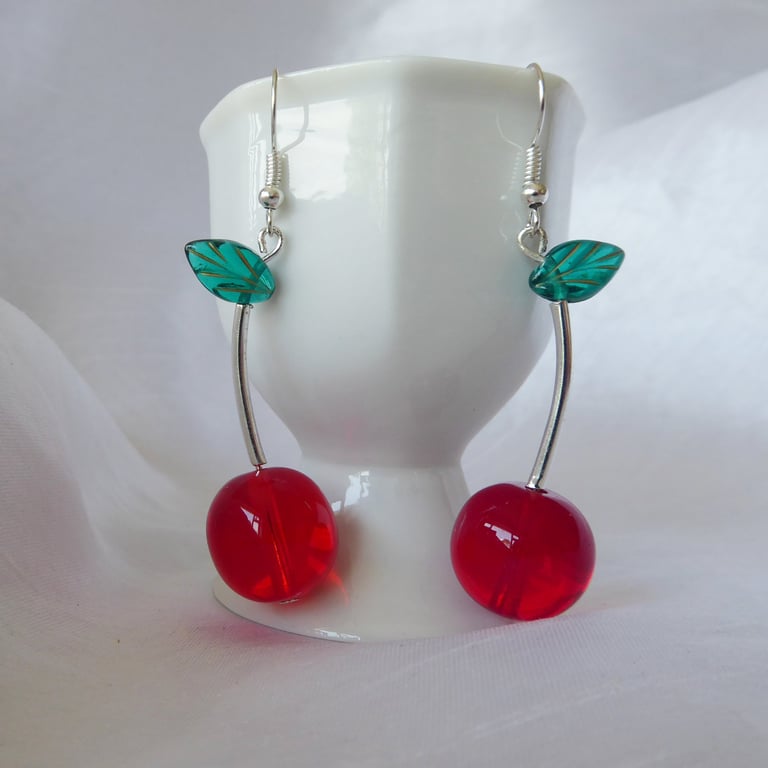 Handmade Cherry Earrings with Czech Glass Beads 