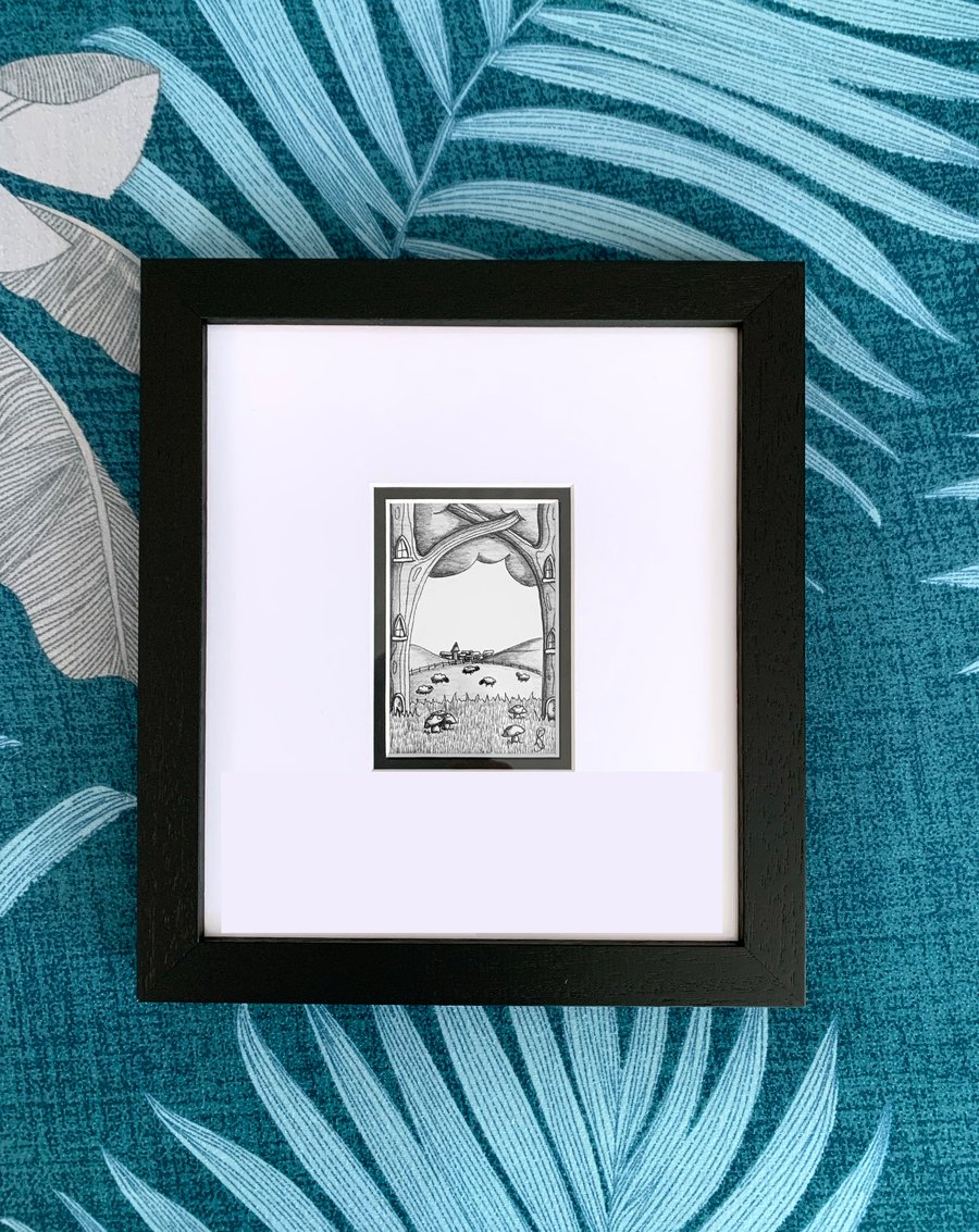 Miniature pen and ink landscape of the British Countryside