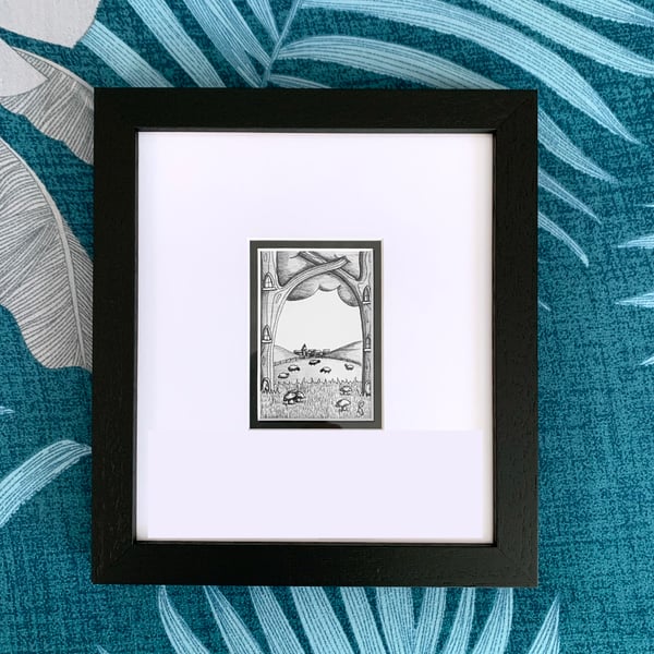 Miniature pen and ink landscape of the British Countryside
