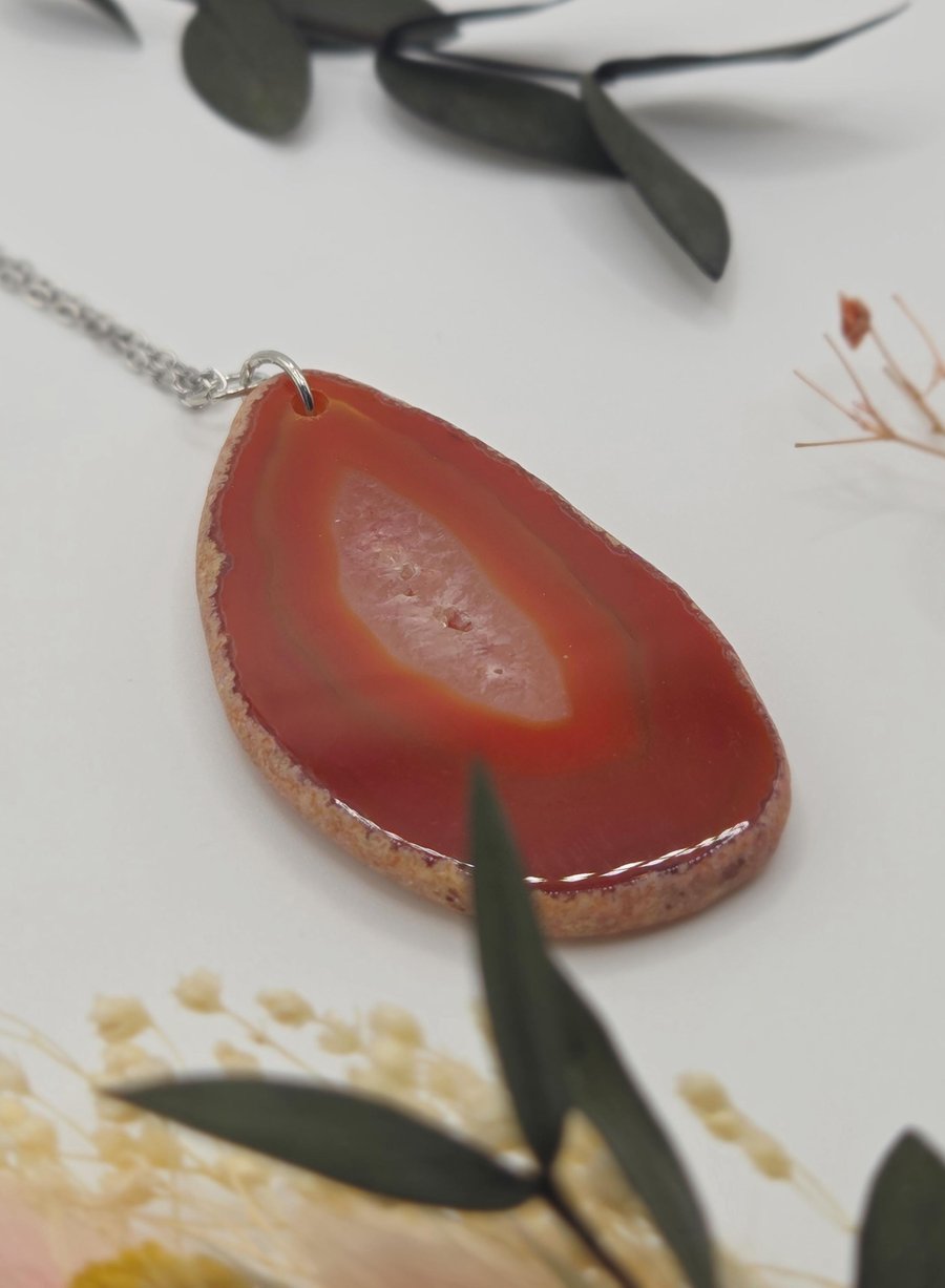 Red Agate Slice Necklace, Red Orange Agate Crystal Pendant