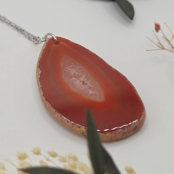 Red Agate Slice Necklace, Red Orange Agate Crystal Pendant