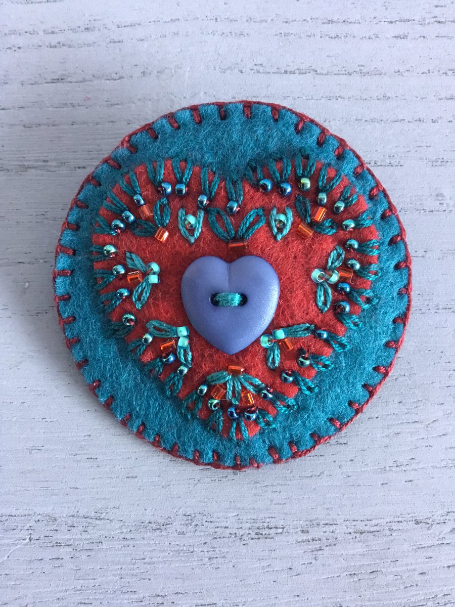 Hand Embroidered Heart Brooch 