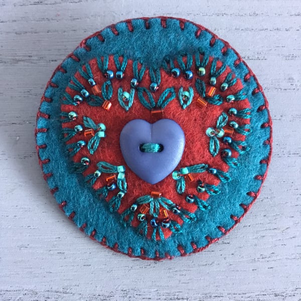 Hand Embroidered Heart Brooch 