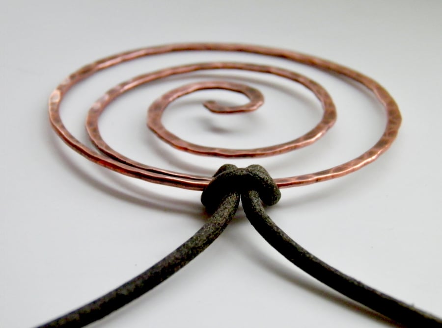 Copper Necklace Large Spiral Pendant on Leather