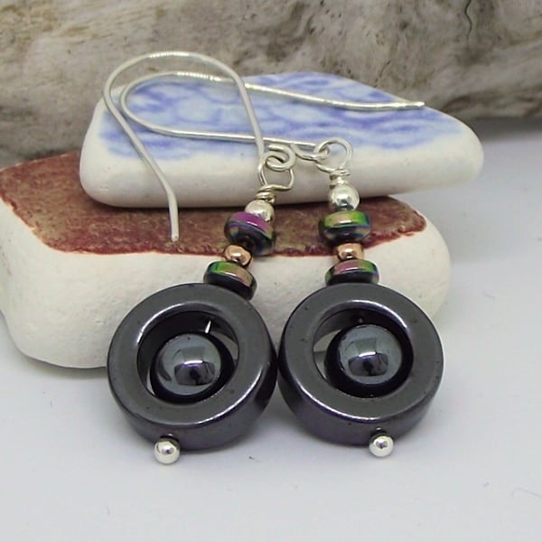 Black and rainbow haematite earrings sterling silver