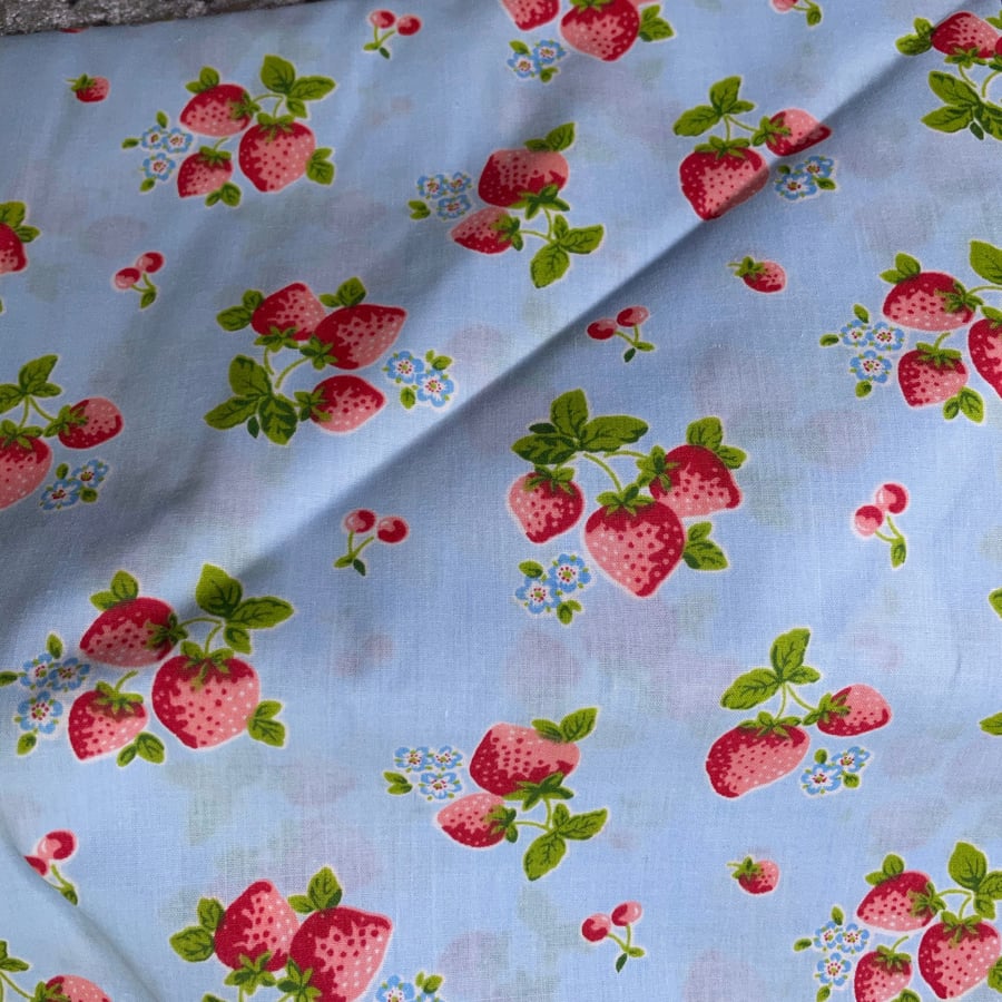 Strawberry print poly cotton on a blue background