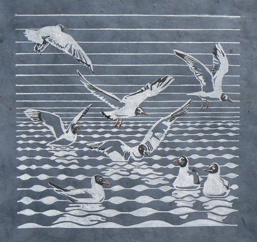 Black headed Gulls linocut print