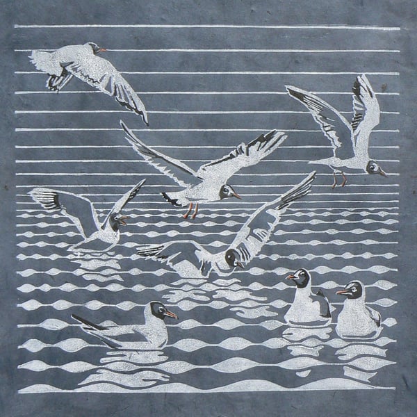 Black headed Gulls linocut print