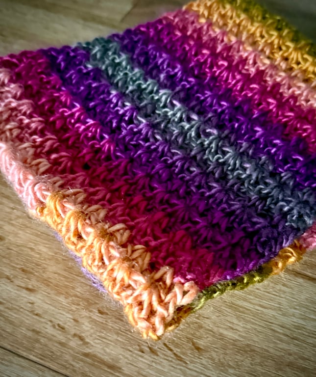 Variegated Crochet Scarf, Coral reef warm bright colours