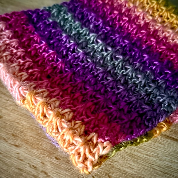 Variegated Crochet Scarf, Coral reef warm bright colours