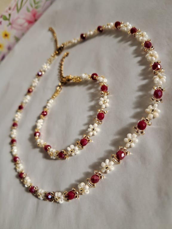 Ruby Blossom Necklace & Bracelet Set – Handcrafted Floral Beaded Jewellery