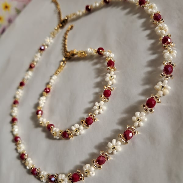 Ruby Blossom Necklace & Bracelet Set – Handcrafted Floral Beaded Jewellery