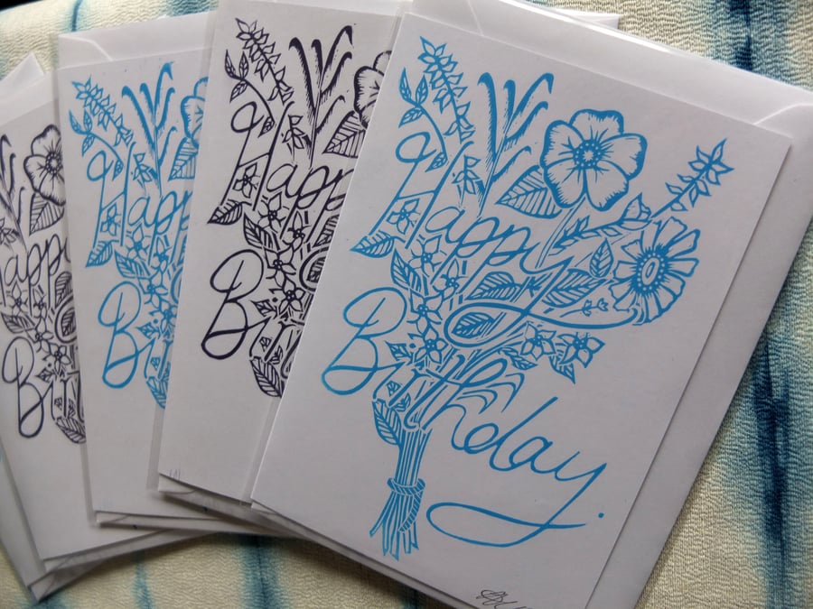 Wild Flowers Floral Lino Print Birthday Card