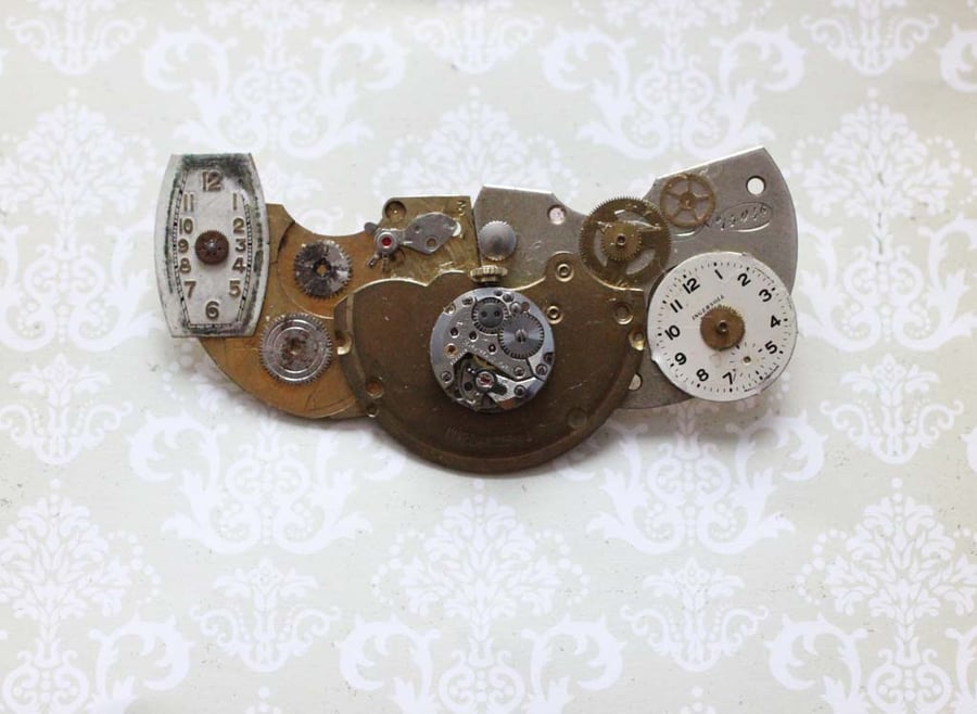 Upcycled Repurposed Steampunk Vintage Watch Statement Handmade Brooch Pin