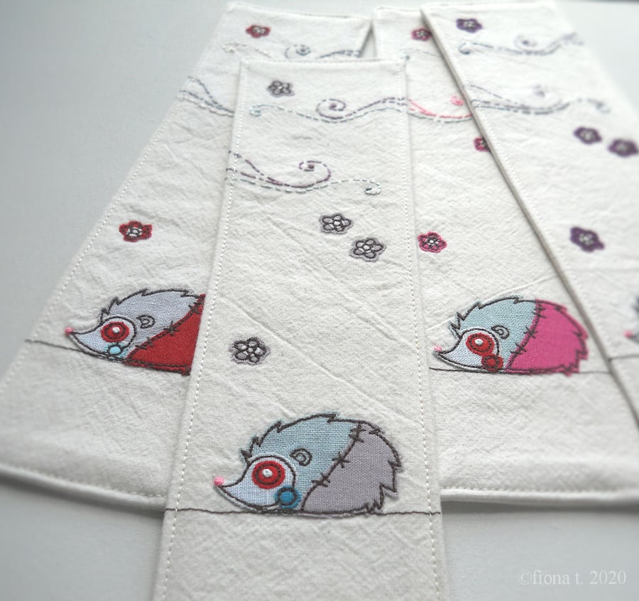 freehand embroidery hand embroidered zombie hedgehog fabric bookmark lilac