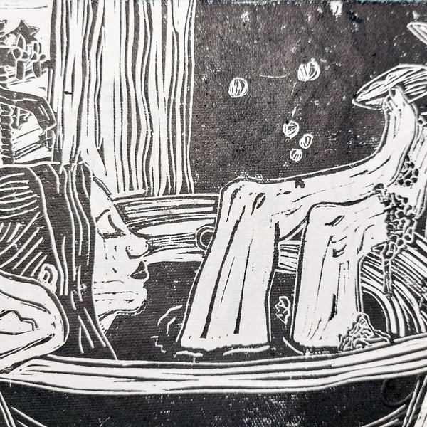 'Me Time' A5 black lino print - woman in bath art print