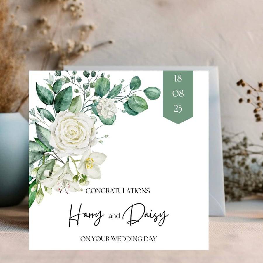 Elegant Wedding Day Card with dates and personalised with names 