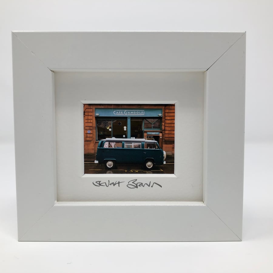 VW CAMPER VAN at  CAFE GANDOLFI ,GLASGOW mini signed and framed print