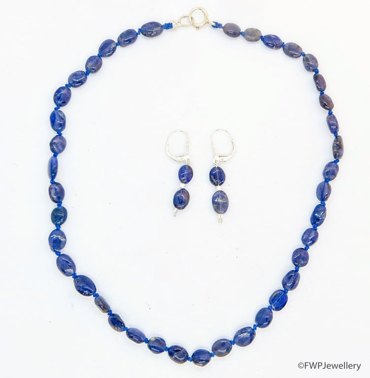Dark Lapis Bead Necklace on Knotted Blue Silk, Matching Earrings