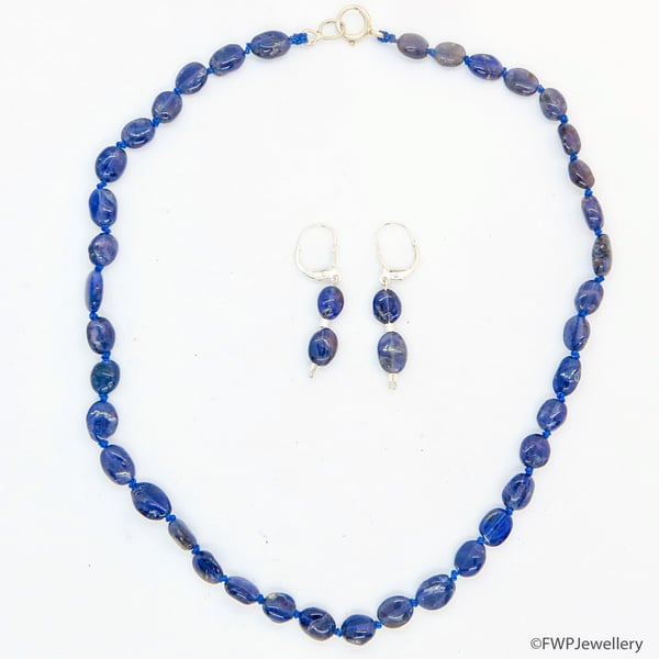 Dark Lapis Bead Necklace on Knotted Blue Silk, Matching Earrings