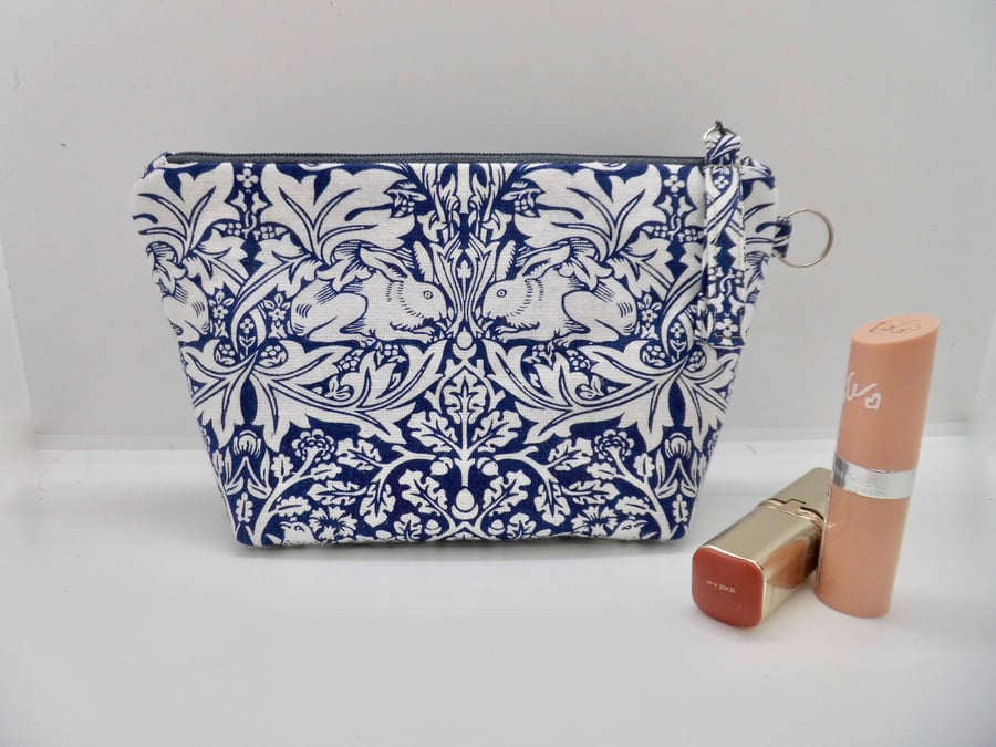 SOLD William Morris fabric make up bag in navy blue and white 