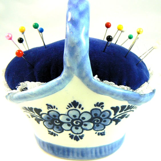Delft basket pincushion
