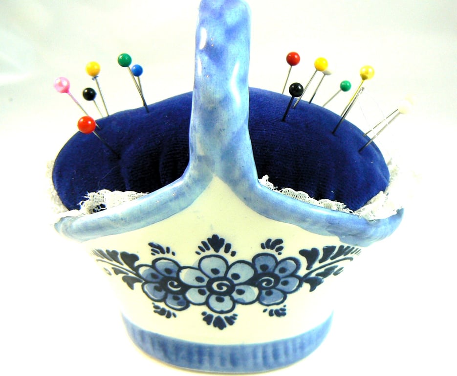 Delft basket pincushion