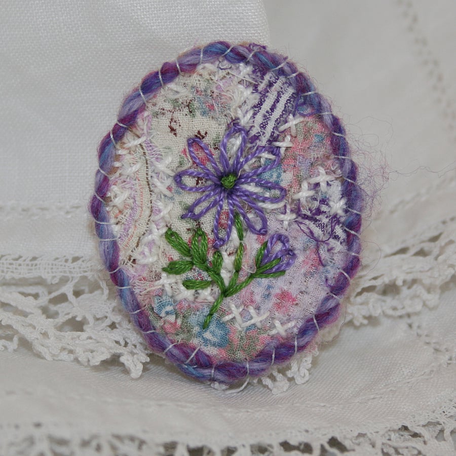 SALE - Purple Flower Embroidered on Patchwork