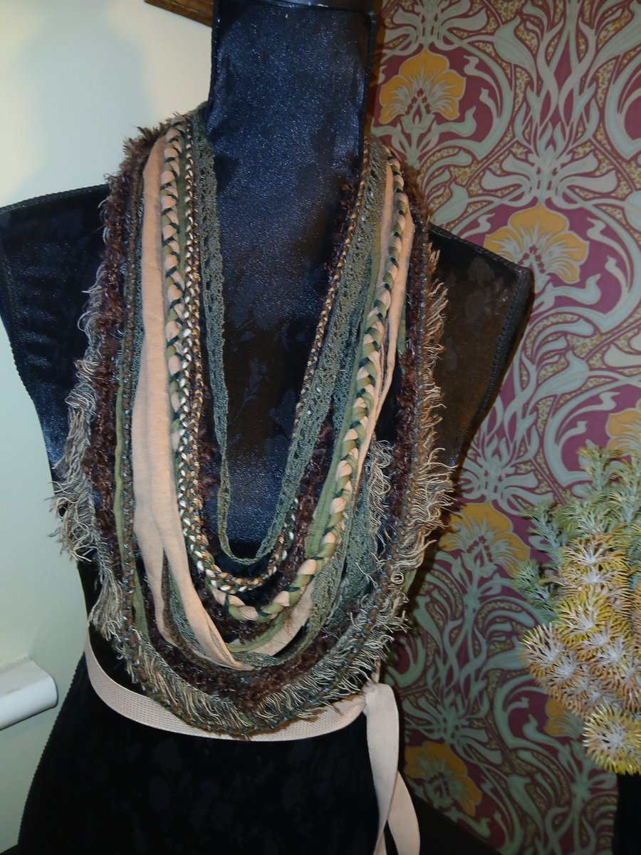 Handmade upcycled festival ready boho infinity scarf  Fringed Olive
