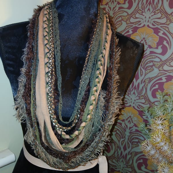 Handmade upcycled festival ready boho infinity scarf  Fringed Olive