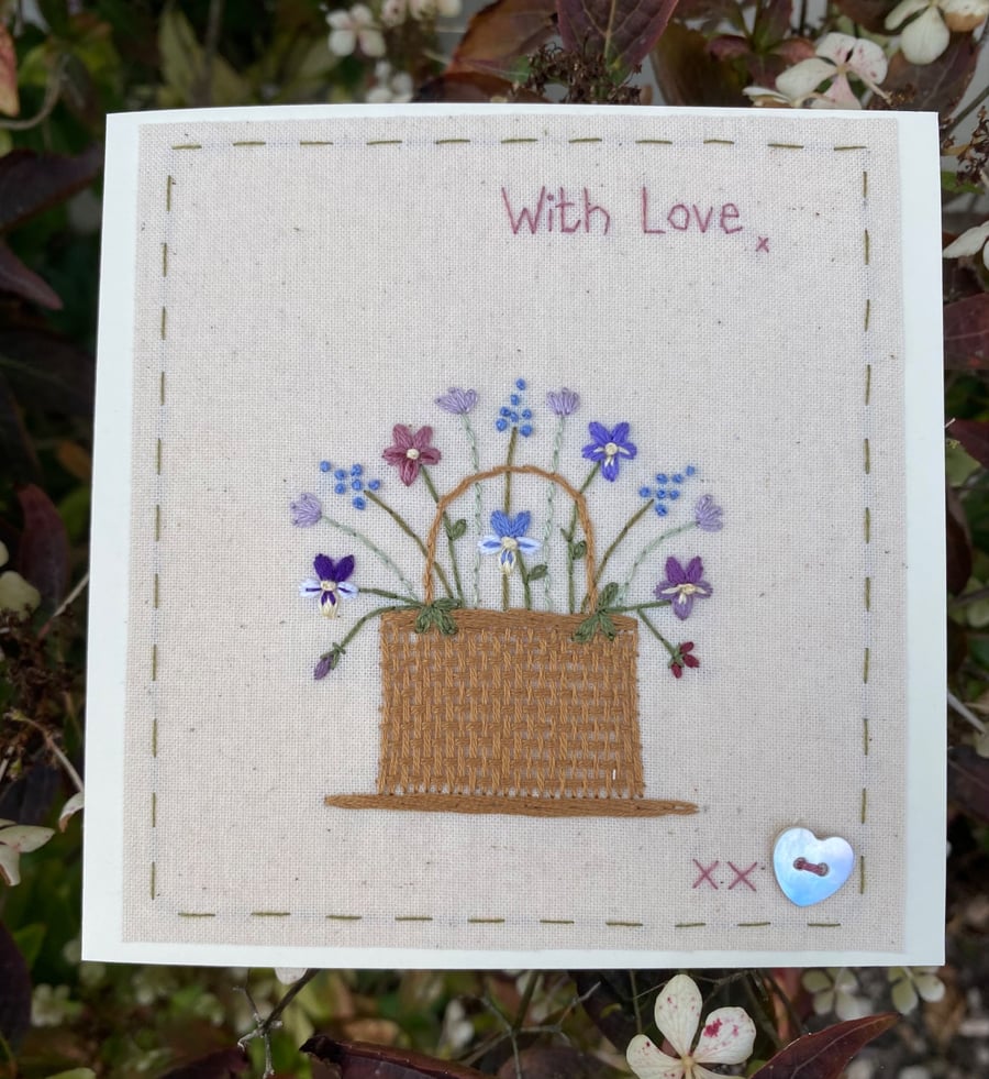 HAND EMBROIDERED GREETINGS CARD - BASKET OF FLOWERS