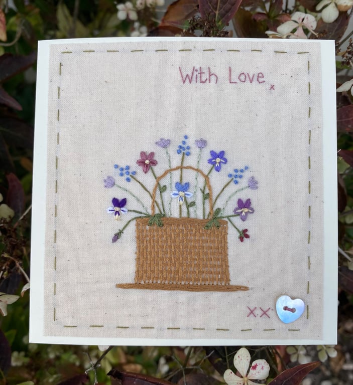 HAND EMBROIDERED GREETINGS CARD - BASKET OF FLOWERS