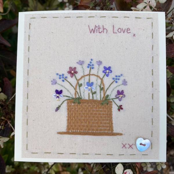 HAND EMBROIDERED GREETINGS CARD - BASKET OF FLOWERS