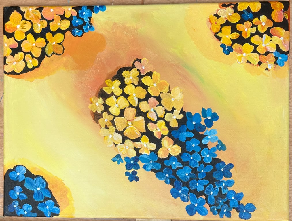 Golden glow hydrangeas bright floral original painting. 16x12"
