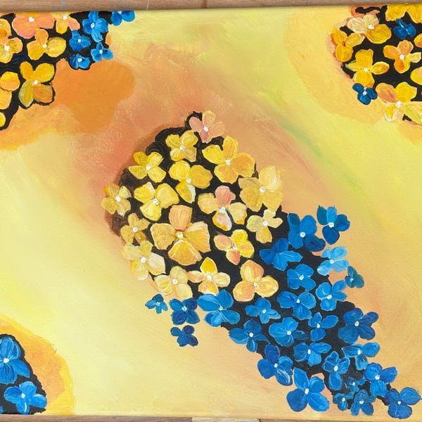 Golden glow hydrangeas bright floral original painting. 16x12"