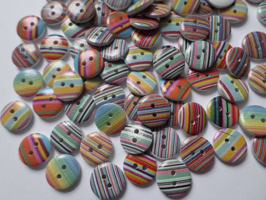50 x 2-Hole Printed Wooden Buttons - 15mm - Round - Mixed Stripes 