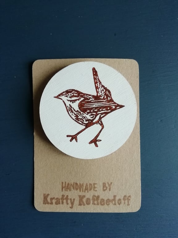 Handprinted Wooden Wren Brooch