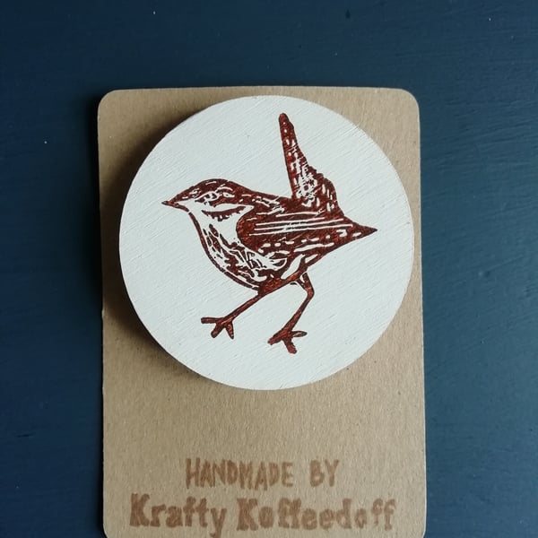 Handprinted Wooden Wren Brooch