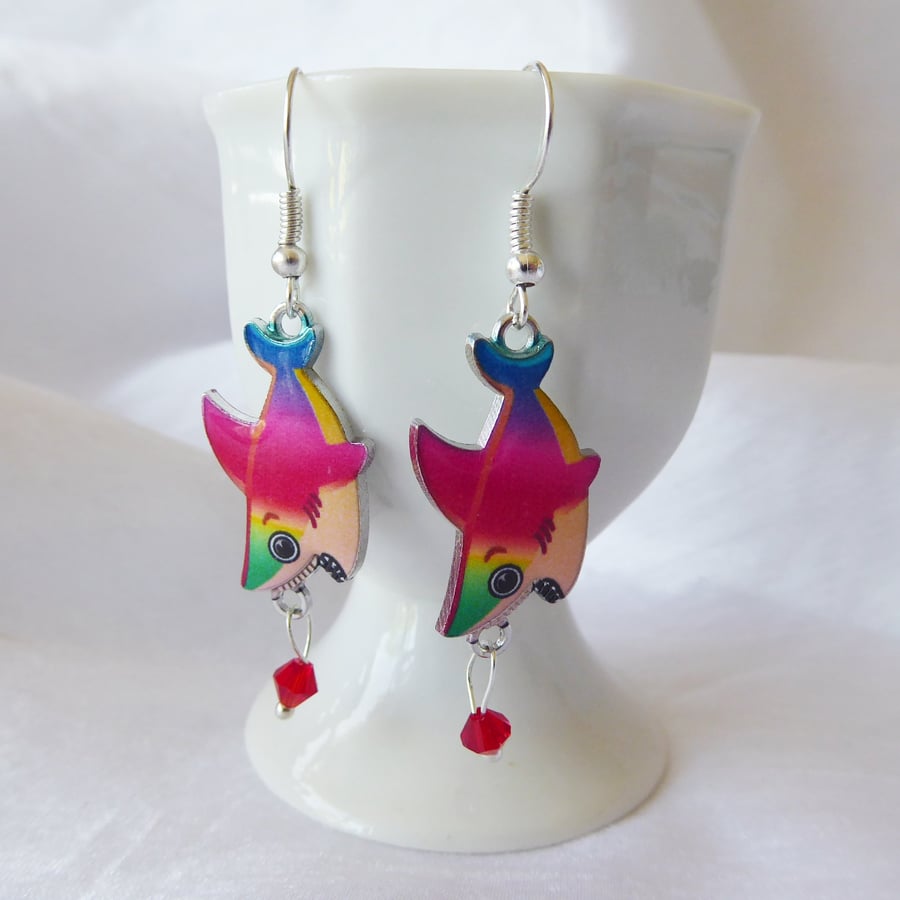 Whimsical Multi Coloured Shark Earrings with Silver plated ear wires