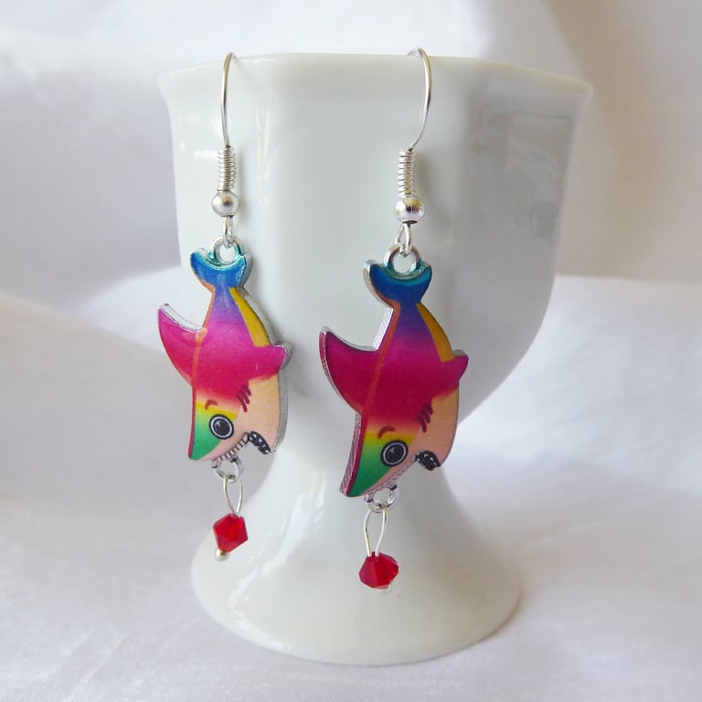 Whimsical Multi Coloured Shark Earrings with Silver plated ear wires