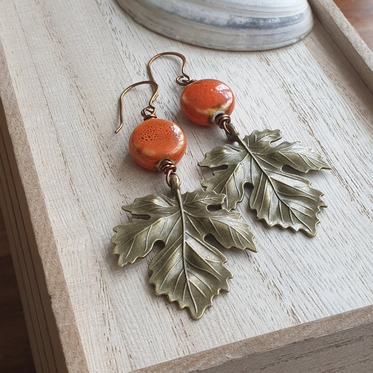 Brass maple leaf earrings, Orange and brass, Statement earrings