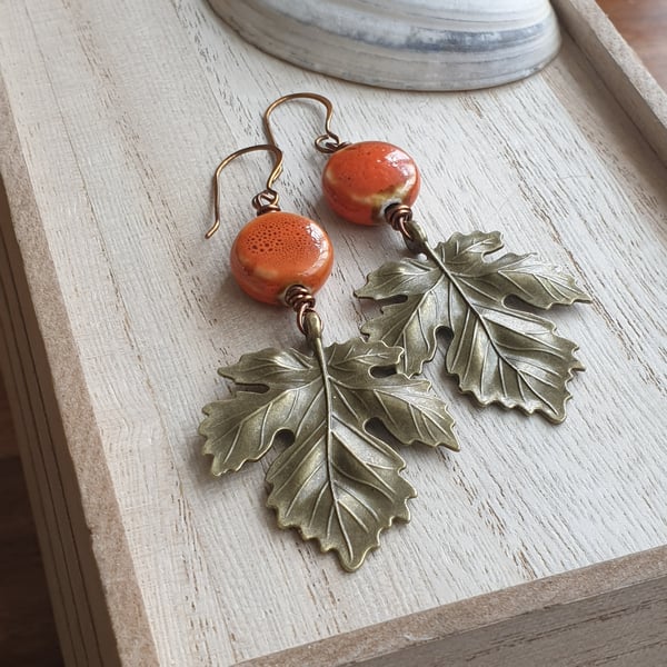 Brass maple leaf earrings, Orange and brass, Statement earrings