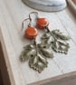 Brass maple leaf earrings, Orange and brass, Statement earrings - Image 1