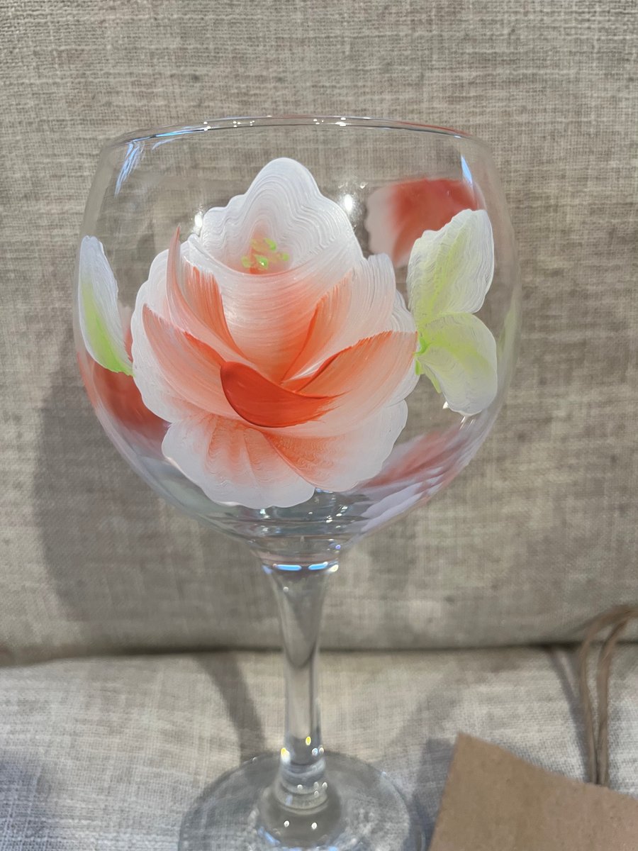 Beautiful hand painted Rose wine glass